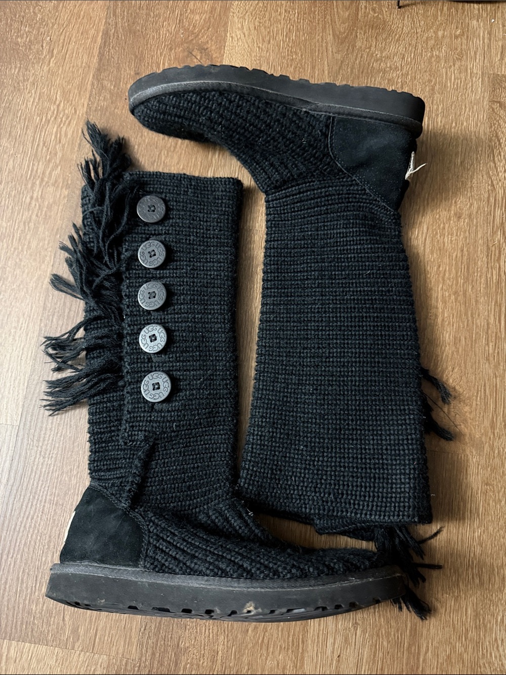 Ugg Black Cardy Fringe Slouch Classic Knit Knee High Boots 10